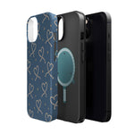 Lasso Hearts – Blue Western Heart MagSafe Phone Case, glossy diagonal dual-camera model, exploded shell and liner with magnetic ring
