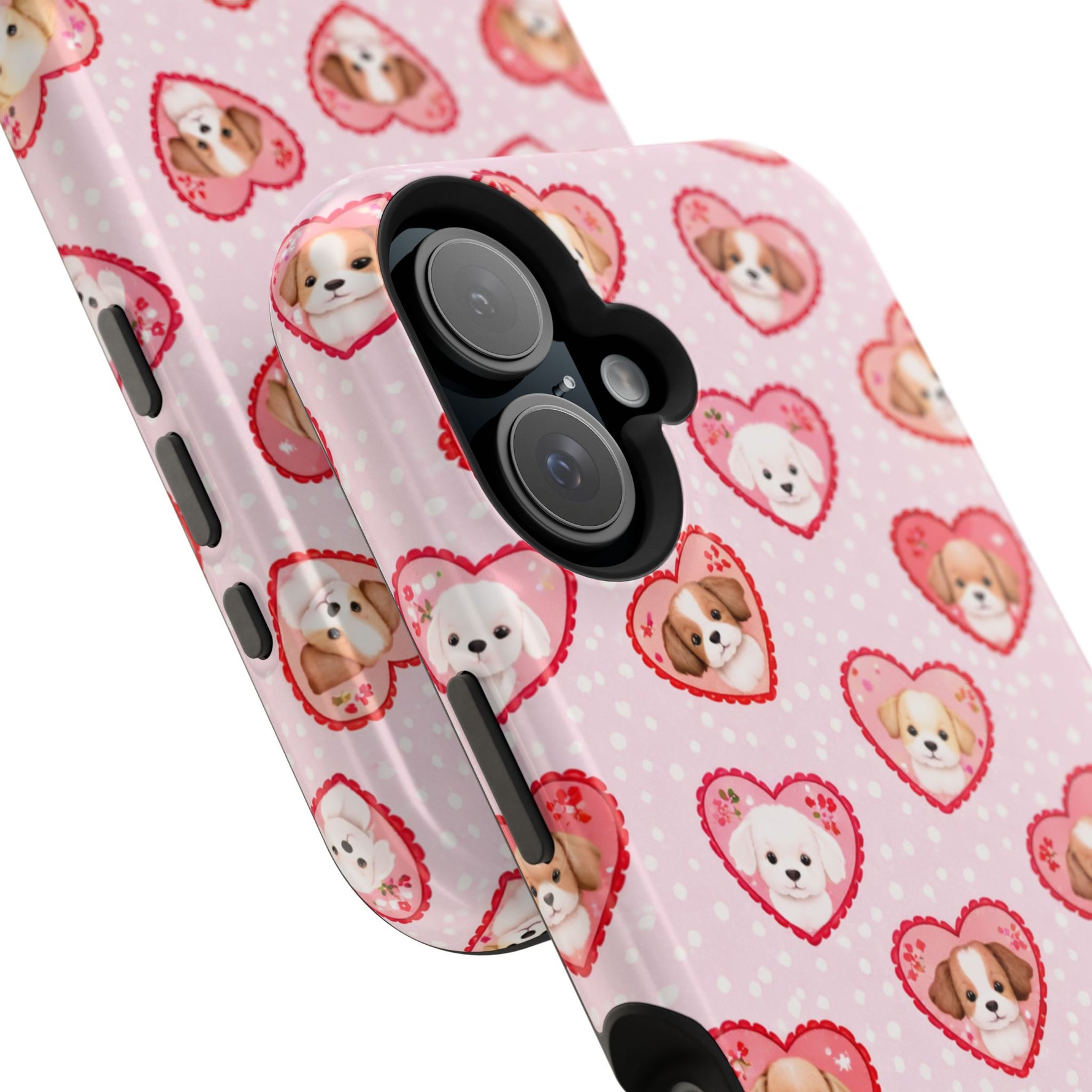 Pink Puppy Heart Pattern MagSafe Impact-Resistant iPhone Case, Valentine Phone Cover