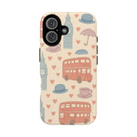 London Icons Hand-Drawn iPhone Case — Cute Double-Decker Bus & Big Ben Pattern with MagSafe compatibility  Shamo's iPhone 16 / Matte
