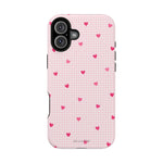 Pink Heart Gingham MagSafe iPhone Case, Impact‑Resistant, Magnetic Protection