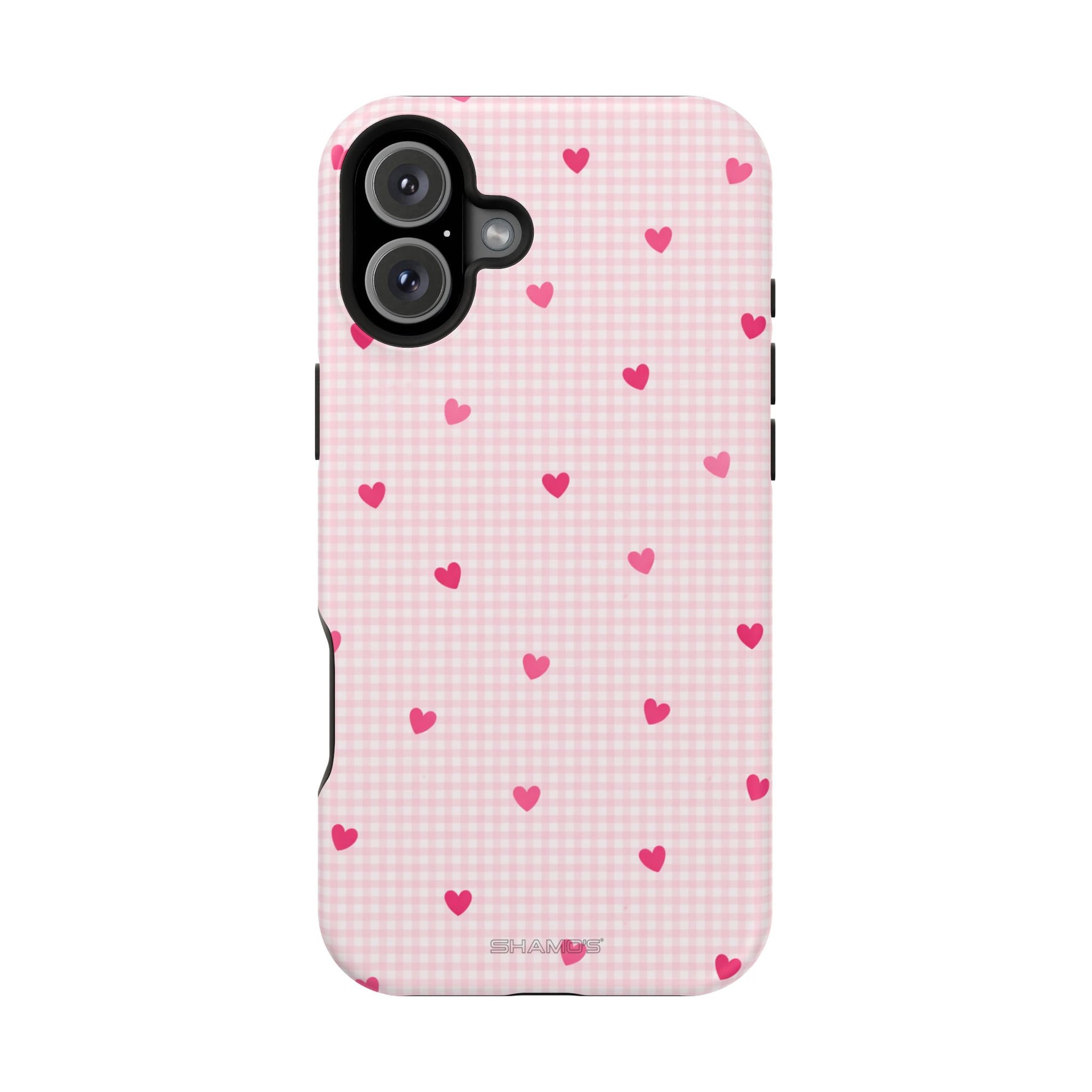 Pink Heart Gingham MagSafe iPhone Case, Impact‑Resistant, Magnetic Protection