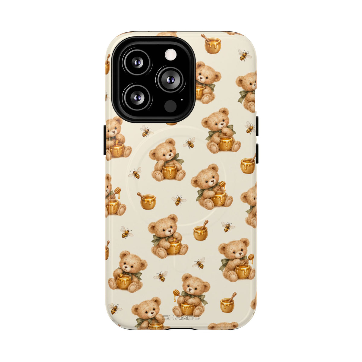 Honingknuffelbeer iPhone-hoesje — ontwerp met gele bij en honingpot met MagSafe