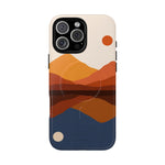 iPhone case with abstract mountain and sun design in orange, brown, and blue colors, small size