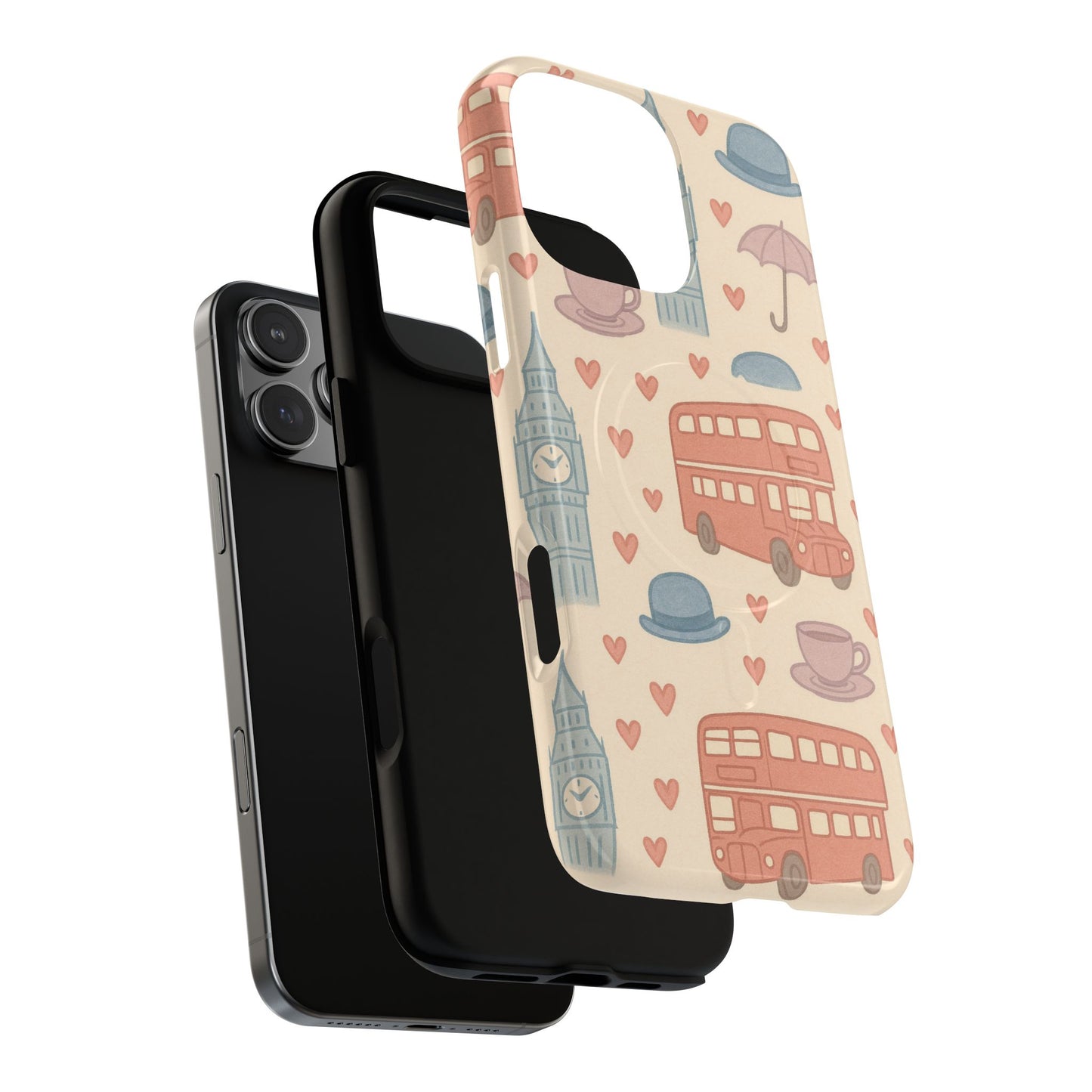 London Icons Hand-Drawn iPhone Case — Cute Double-Decker Bus & Big Ben Pattern with MagSafe compatibility