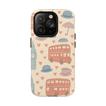 London Icons Hand-Drawn iPhone Case — Cute Double-Decker Bus & Big Ben Pattern with MagSafe compatibility  Shamo's iPhone 14 Pro / Matte