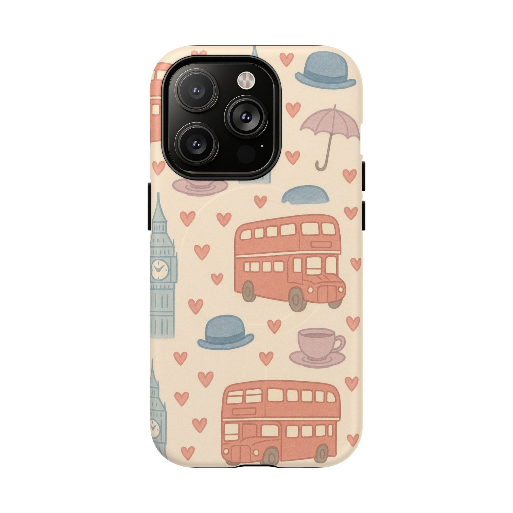 London Icons Hand-Drawn iPhone Case — Cute Double-Decker Bus & Big Ben Pattern with MagSafe compatibility  Shamo's iPhone 14 Pro / Matte