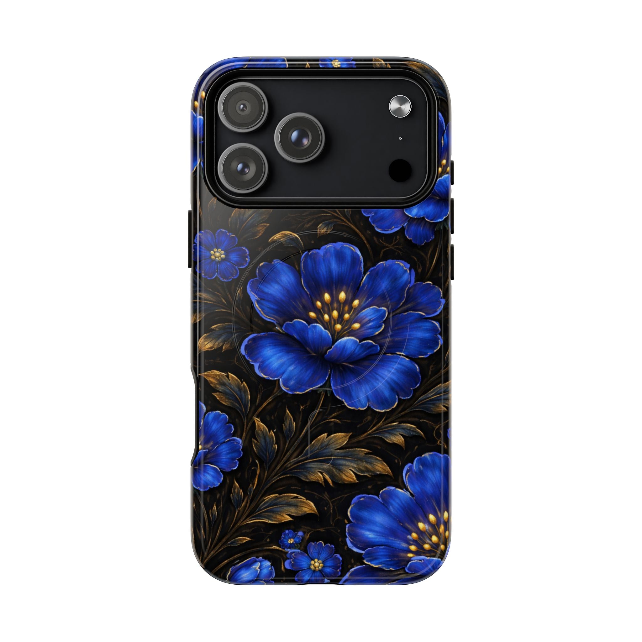 iPhone 14 Pro Max case with large blue floral design and golden leaves on black background