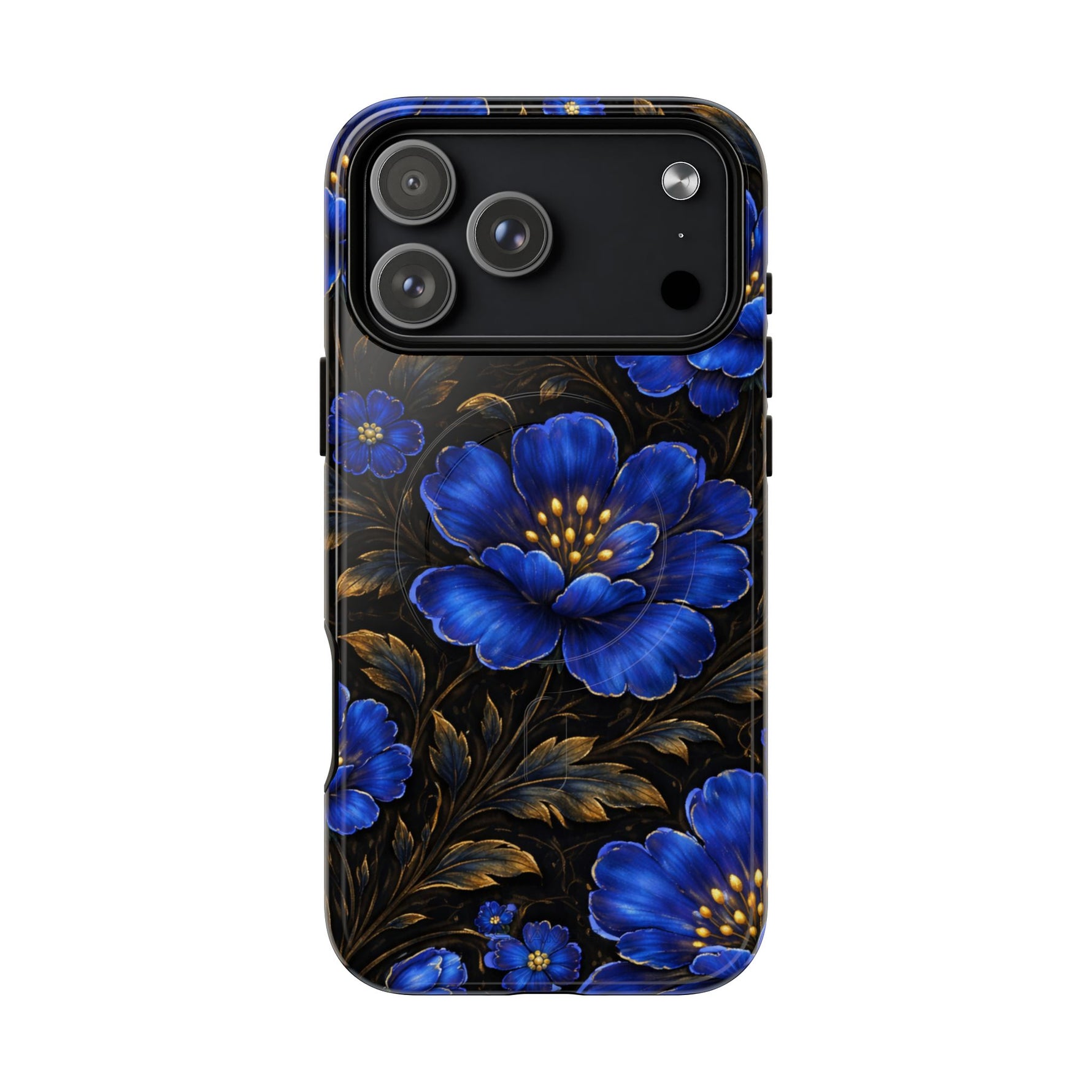 iPhone 14 Pro Max case with large blue floral design and golden leaves on black background