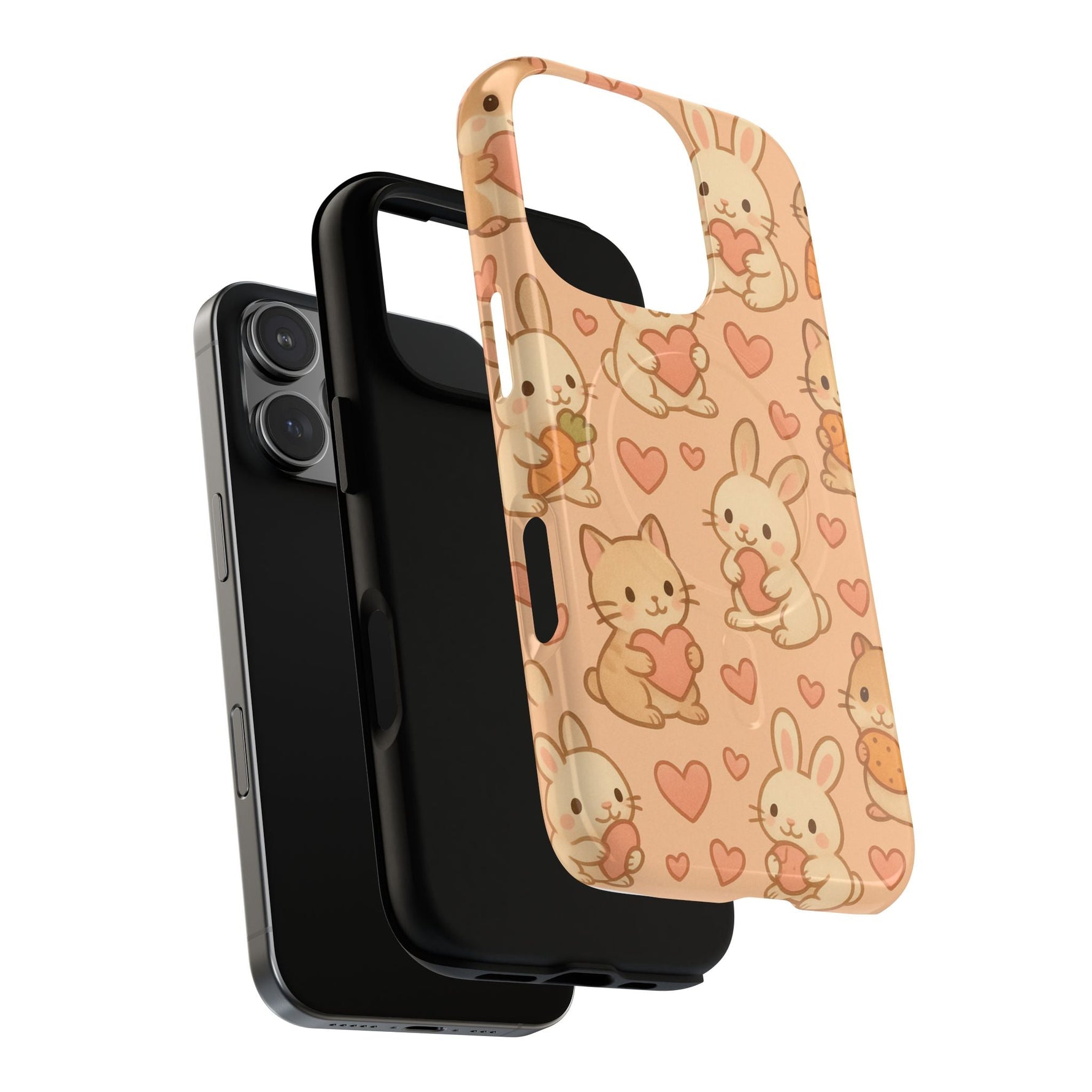 Cozy Critter Friends iPhone Case — Cute Bunny & Kitten Heart Pattern with MagSafe  Shamo's