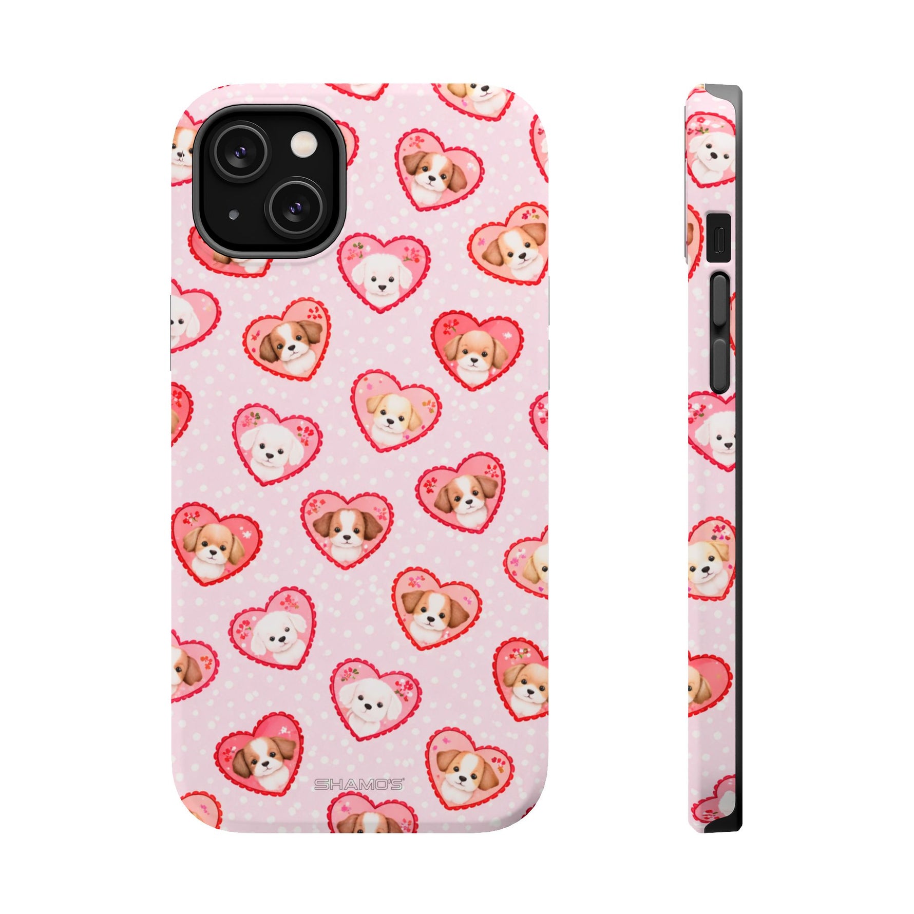 Pink Puppy Heart Pattern MagSafe Impact-Resistant iPhone Case, Valentine Phone Cover