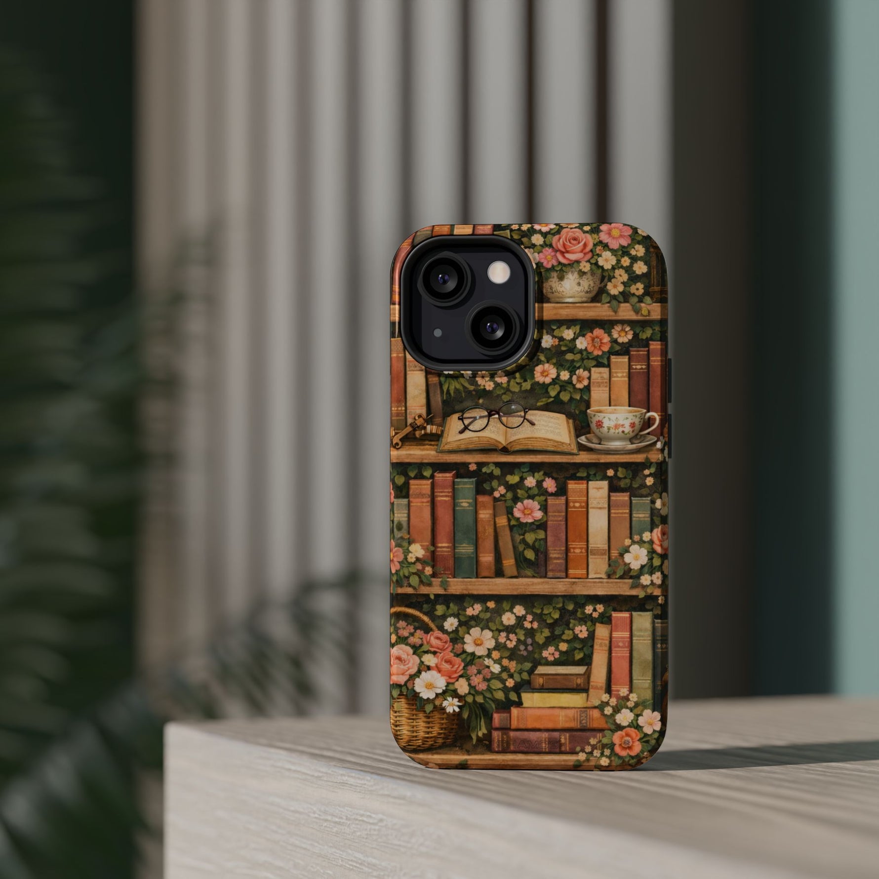 Floral Bookshelf iPhone Case — MagSafe Magnetic, Impact-Resistant