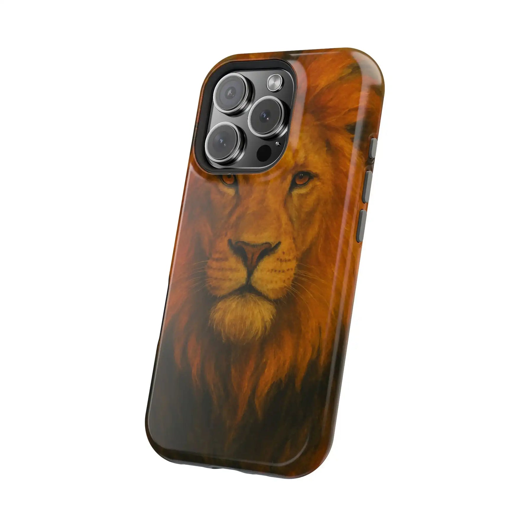 Close-up of iPhone case with detailed lion face artwork, showing variant size and triple rear camera cutout