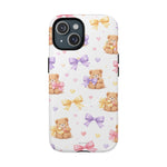 White iPhone case 13 variant with cute teddy bears, colorful bows, and hearts pattern