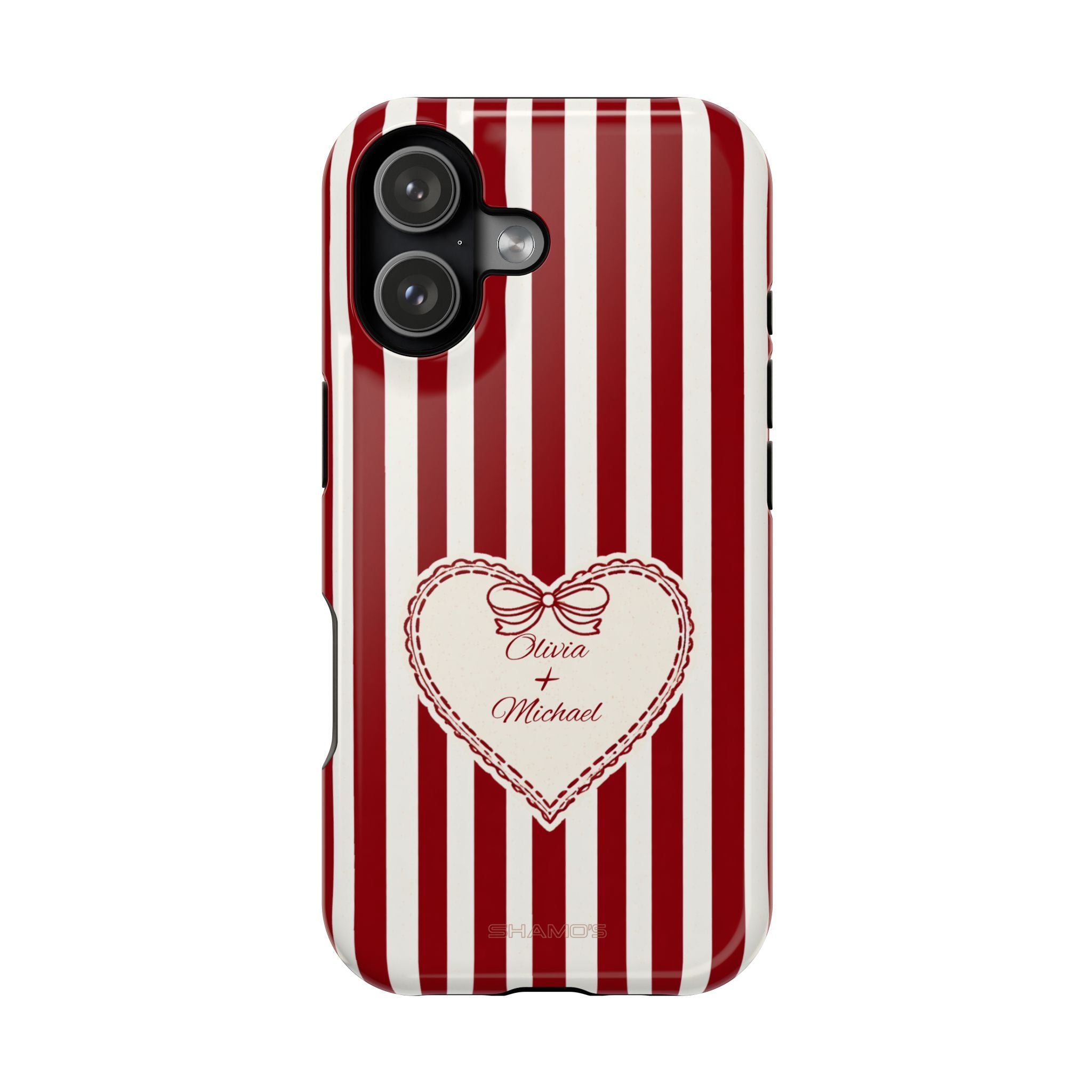 Personalized Striped Phone Case — Red & White Heart Design (Custom Names)