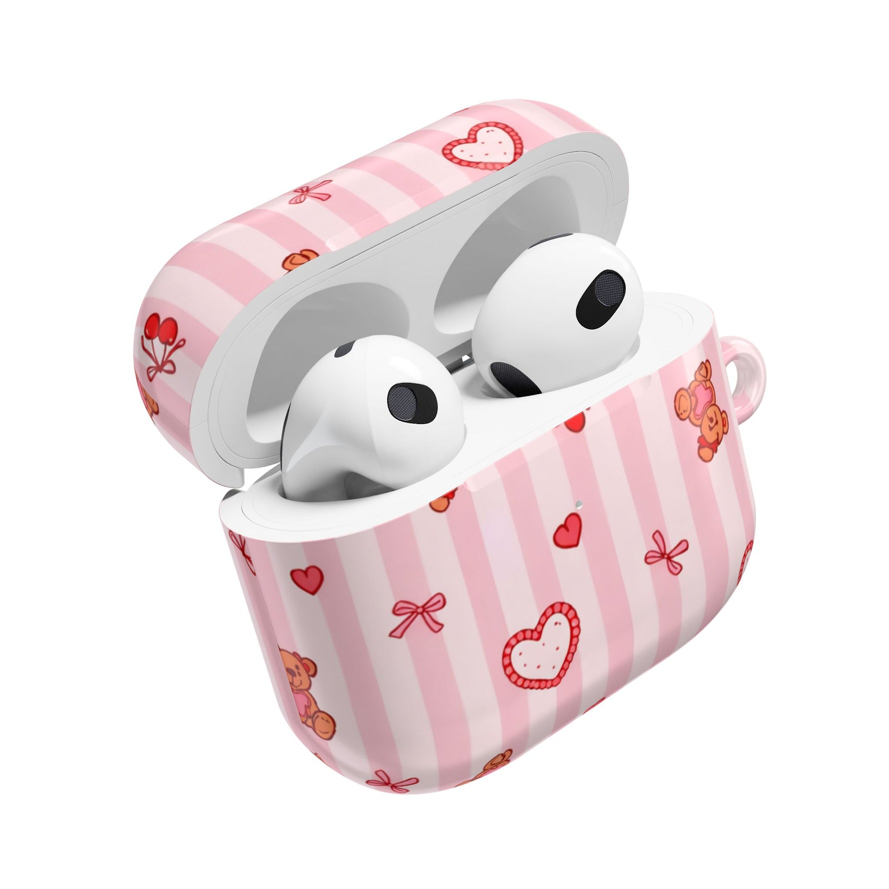 Pink Teddy Hearts AirPod Case, Cute Striped Protective Cover
