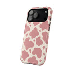 Rose Cowprint – Pink Cow Print MagSafe Phone Case, glossy wide-camera Pro Max model, angled rear view