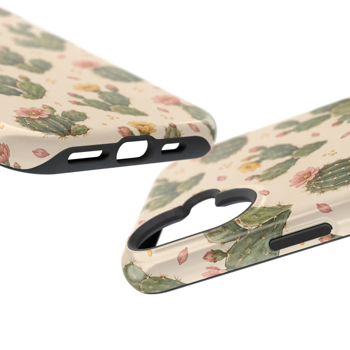 Cactus Bloom – Sage Green Floral Cactus MagSafe Phone Case, glossy vertical dual-camera model, port openings and edge details