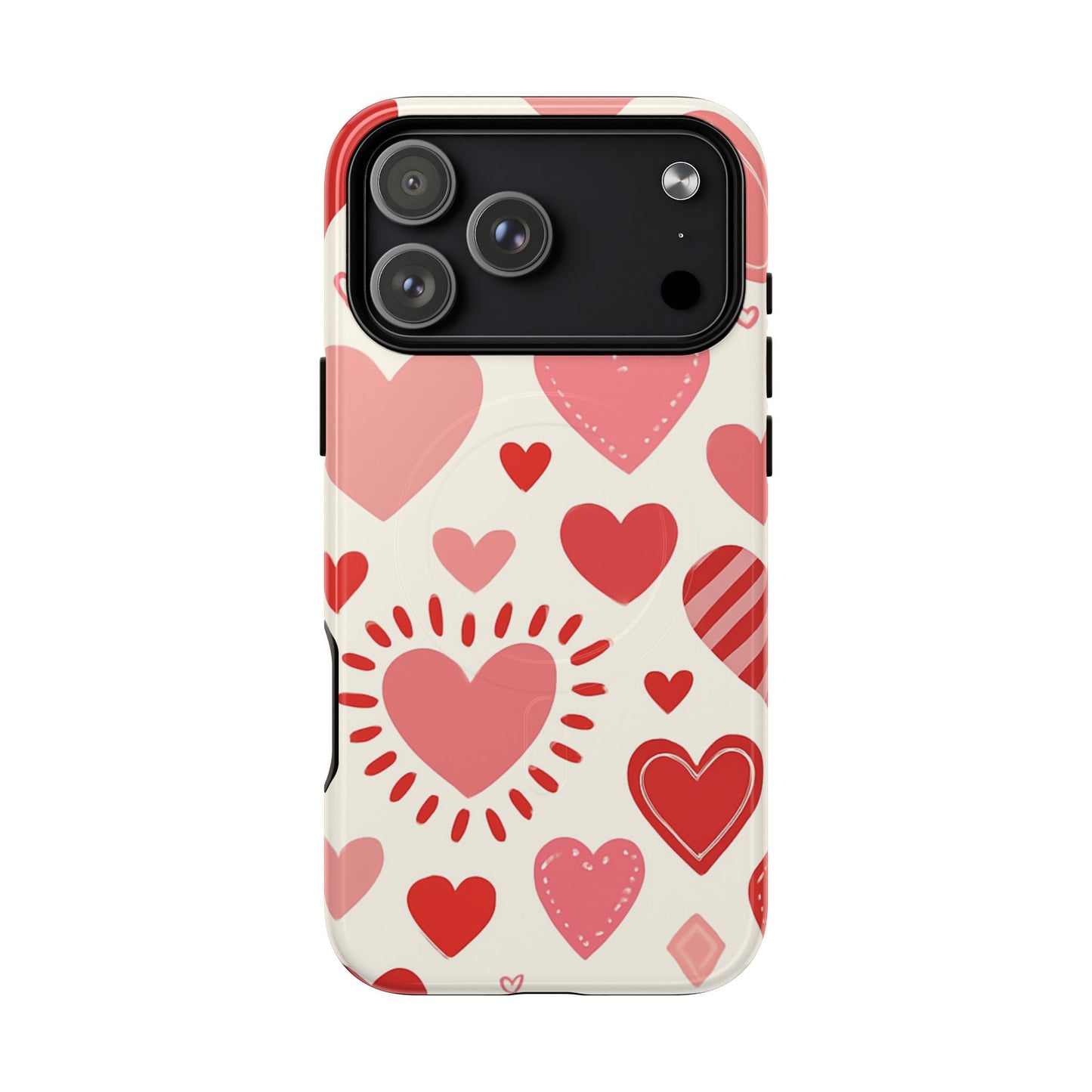 Heart Pattern Tough iPhone Case — Cute Red & Pink Hearts Protective Cover (MagSafe compatible)