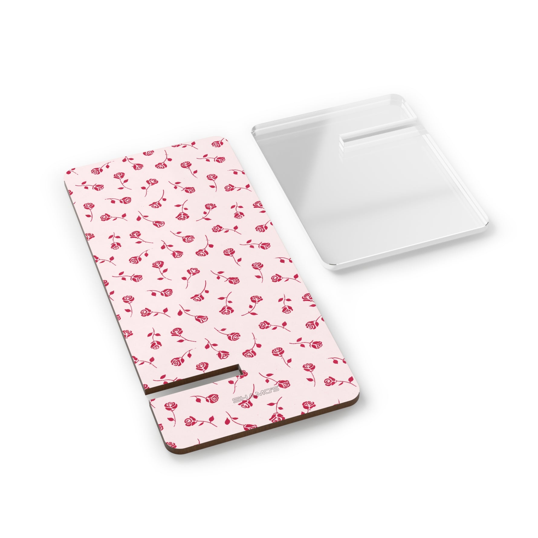Floral Foldable Phone Stand — Pink Rose Pattern Mobile Display