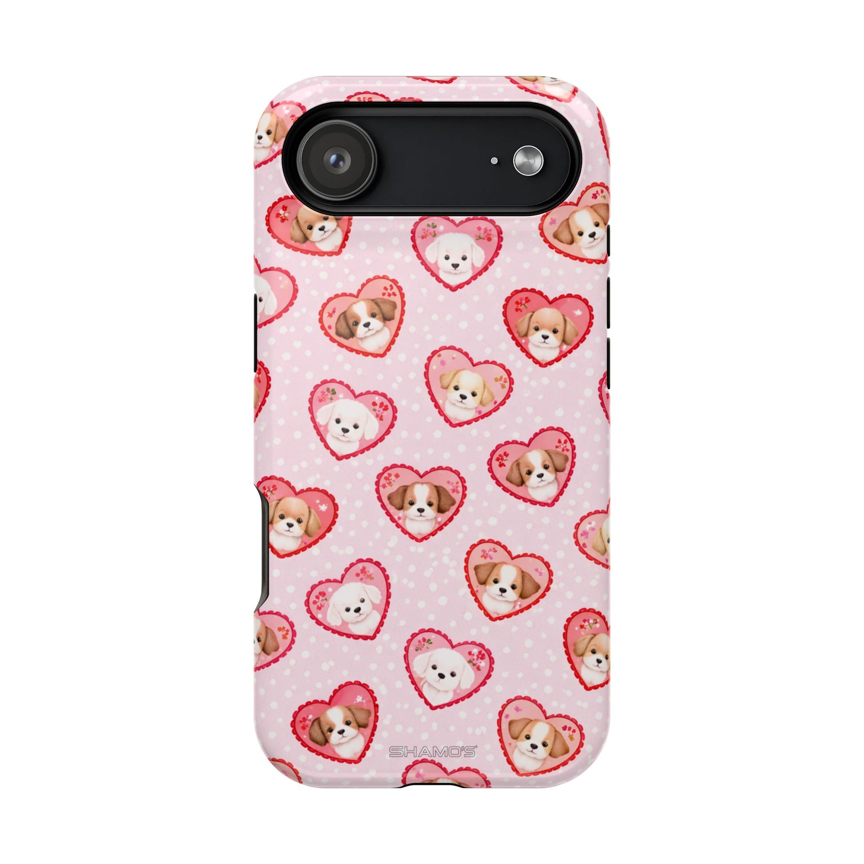 Pink Puppy Heart Pattern MagSafe Impact-Resistant iPhone Case, Valentine Phone Cover