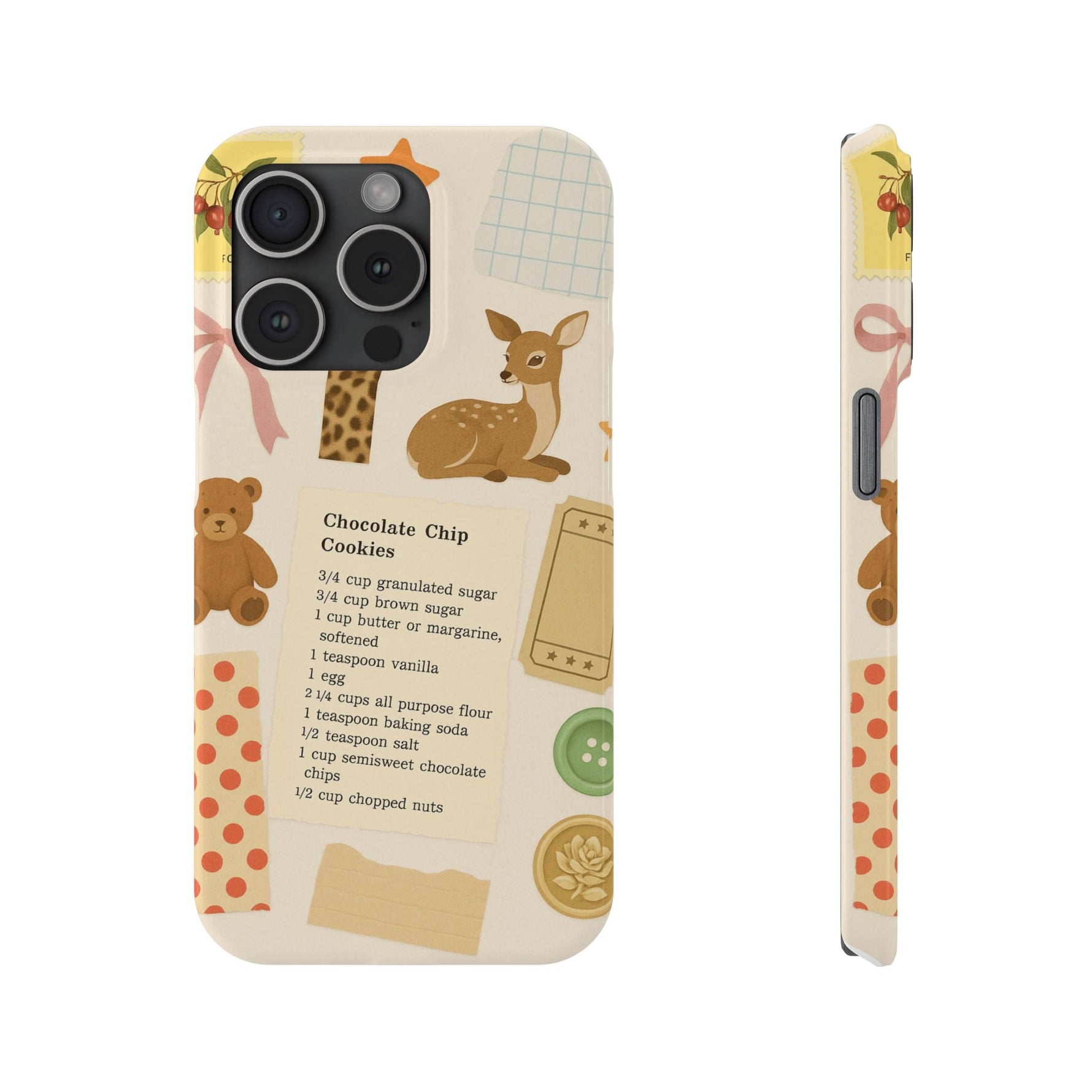 Slim iPhone Case — Cozy Baking & Teddy Pattern (Recipe, Deer, Buttons)  Shamo's iPhone 15 Pro