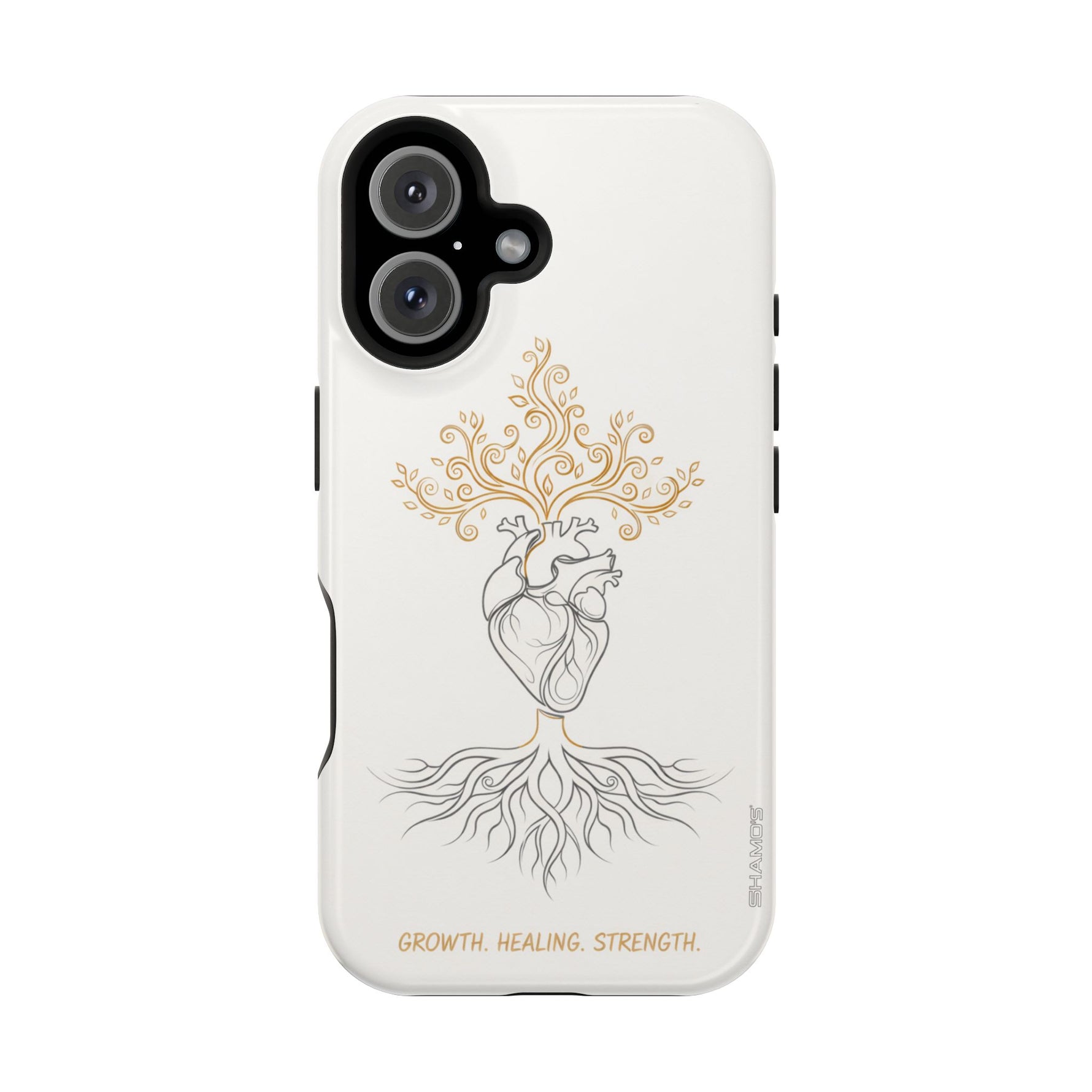 Minimalist Impact-Resistant iPhone Case, Heart Root Illustration ("Growth. Healing. Strength.") MagSafe Compatible - iPhone 16 / Glossy - Shamo's