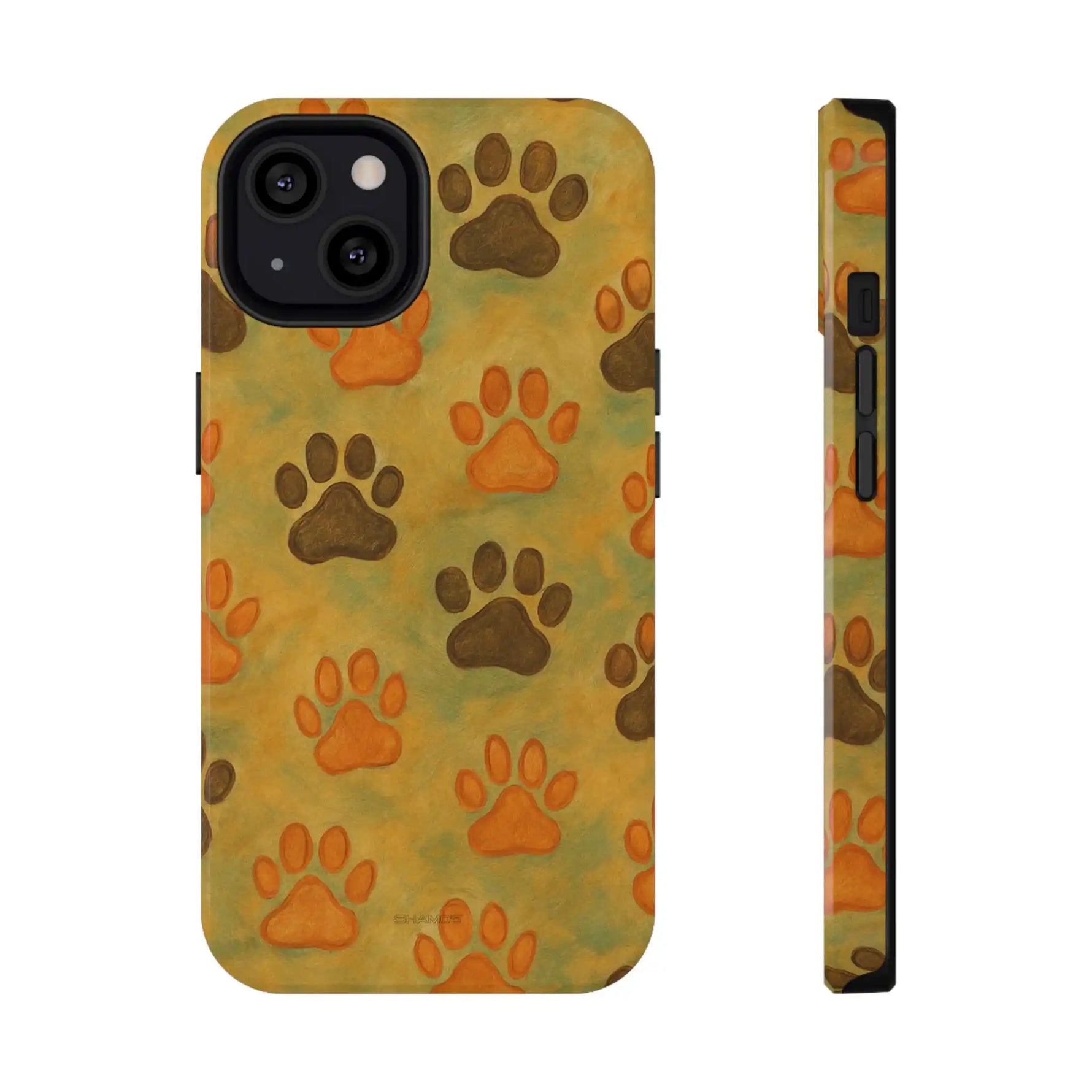 iPhone case with large and small orange and brown paw print pattern, shown from front and side views