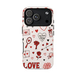 Romantic Love Doodle Tough iPhone Case ("LOVE", hearts, roses) (MagSafe compatible)  Shamo's iPhone 17 Pro / Glossy