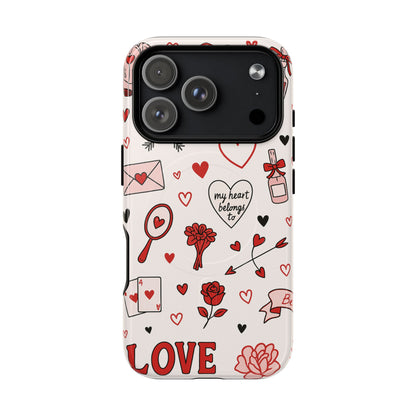 Romantic Love Doodle Tough iPhone Case ("LOVE", hearts, roses) (MagSafe compatible)