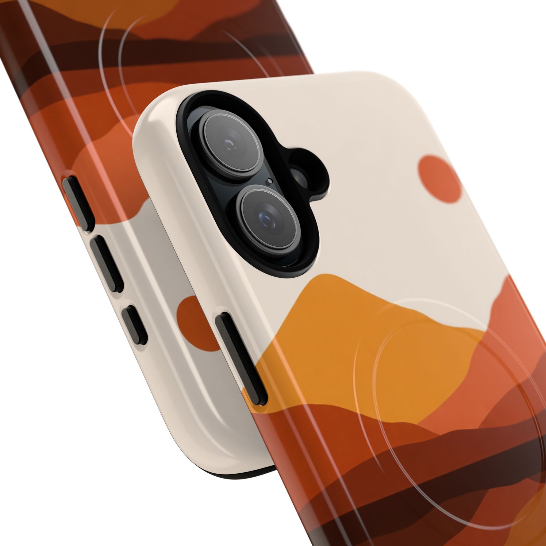 Close-up of two phone cases with abstract orange and brown sunset designs, showing camera cutout and side buttons