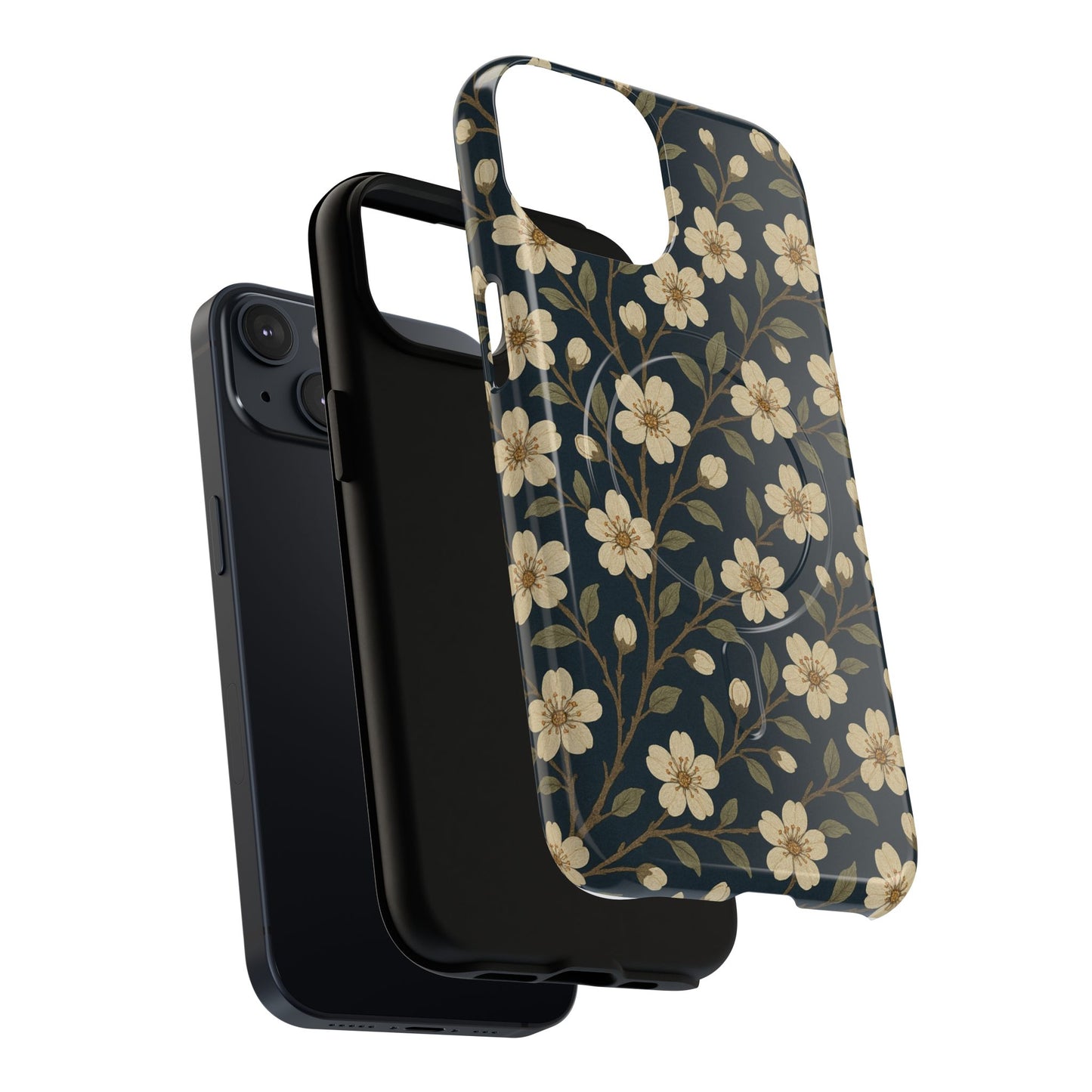 Navy Cherry Blossom Floral iPhone Case - Compatible with MagSafe