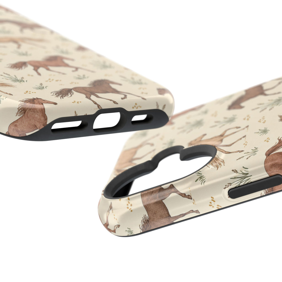 Wild Mustangs – Western Horse Pattern MagSafe Phone Case, glossy vertical dual-camera model, port openings and edge details