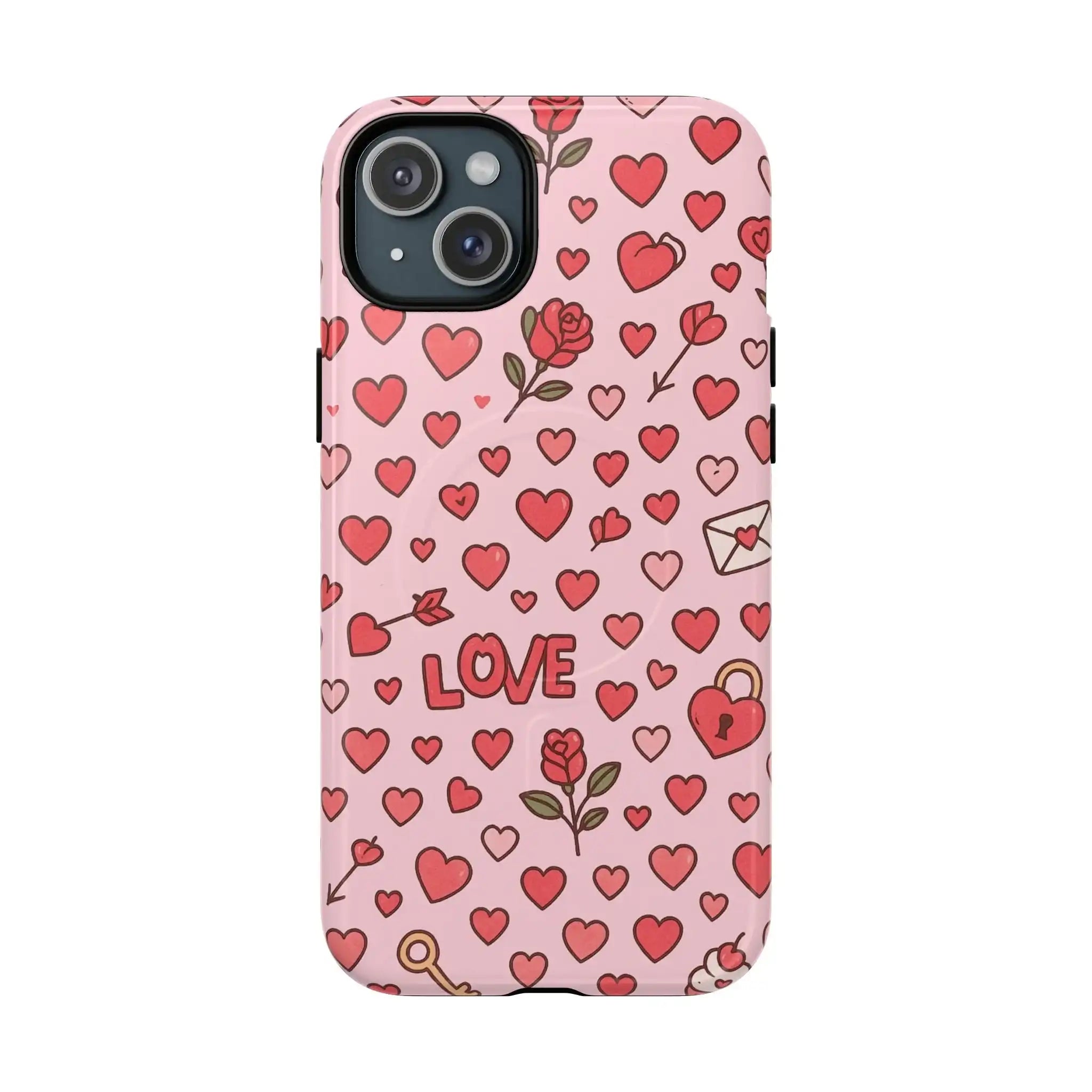 Pink Love Hearts Pattern Tough iPhone Case (MagSafe compatible)  Shamo's iPhone 15 Plus / Glossy