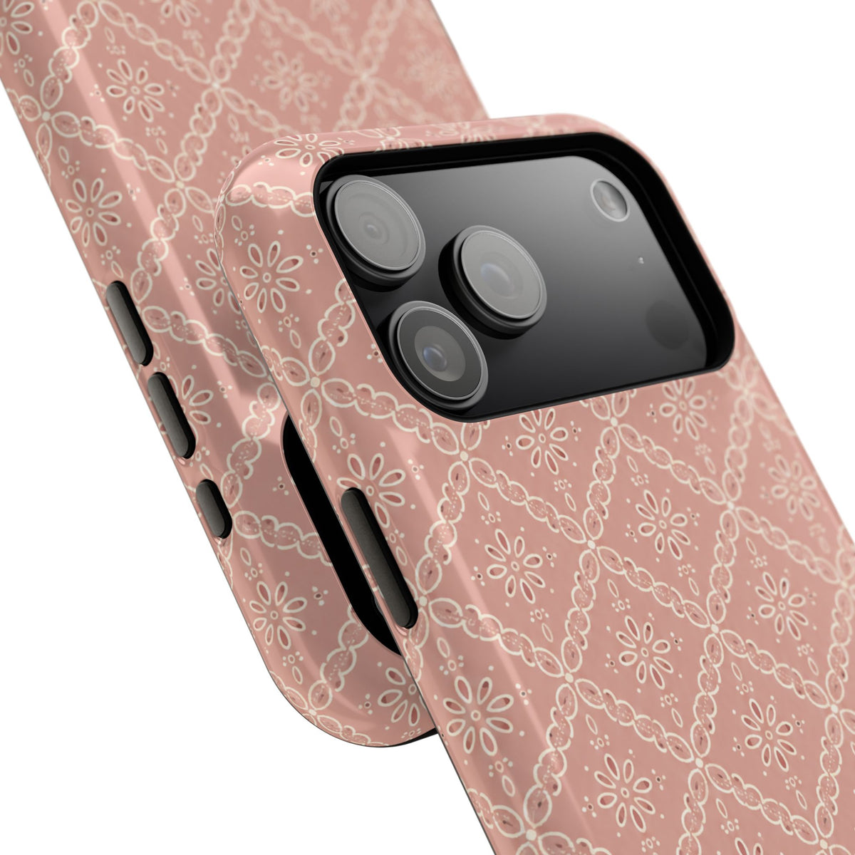Meadow Lace – Blush Pink Lace Pattern MagSafe Phone Case, glossy wide-camera Pro Max model, camera and side-button close-up