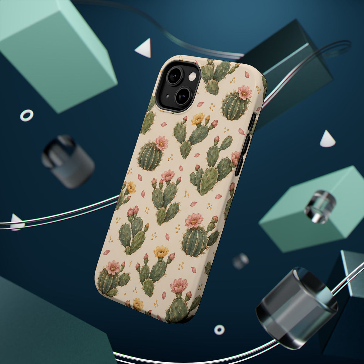 Cactus Bloom – Sage Green Floral Cactus MagSafe Phone Case, glossy diagonal dual-camera model, rear view with magnetic accessories