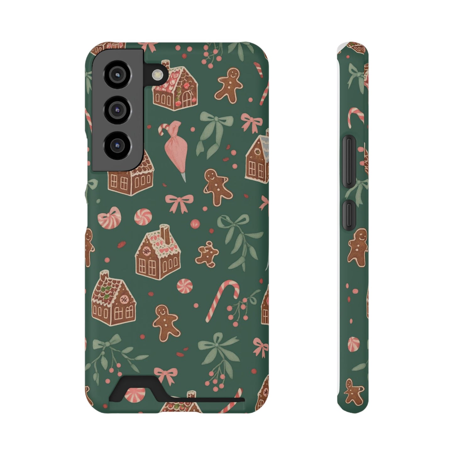 Holiday Gingerbread Phone Case with Card Holder — Festive Green Candy Cane Design