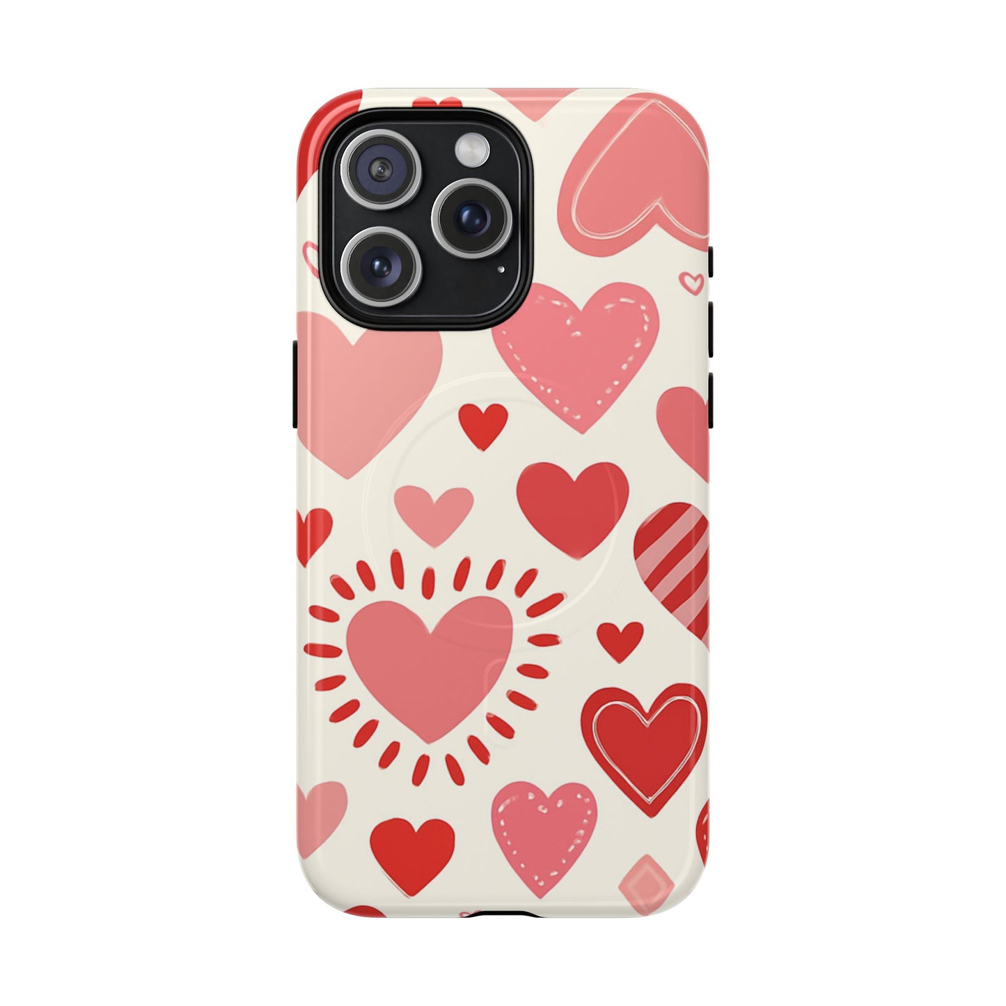 Heart Pattern Tough iPhone Case — Cute Red & Pink Hearts Protective Cover (MagSafe compatible)
