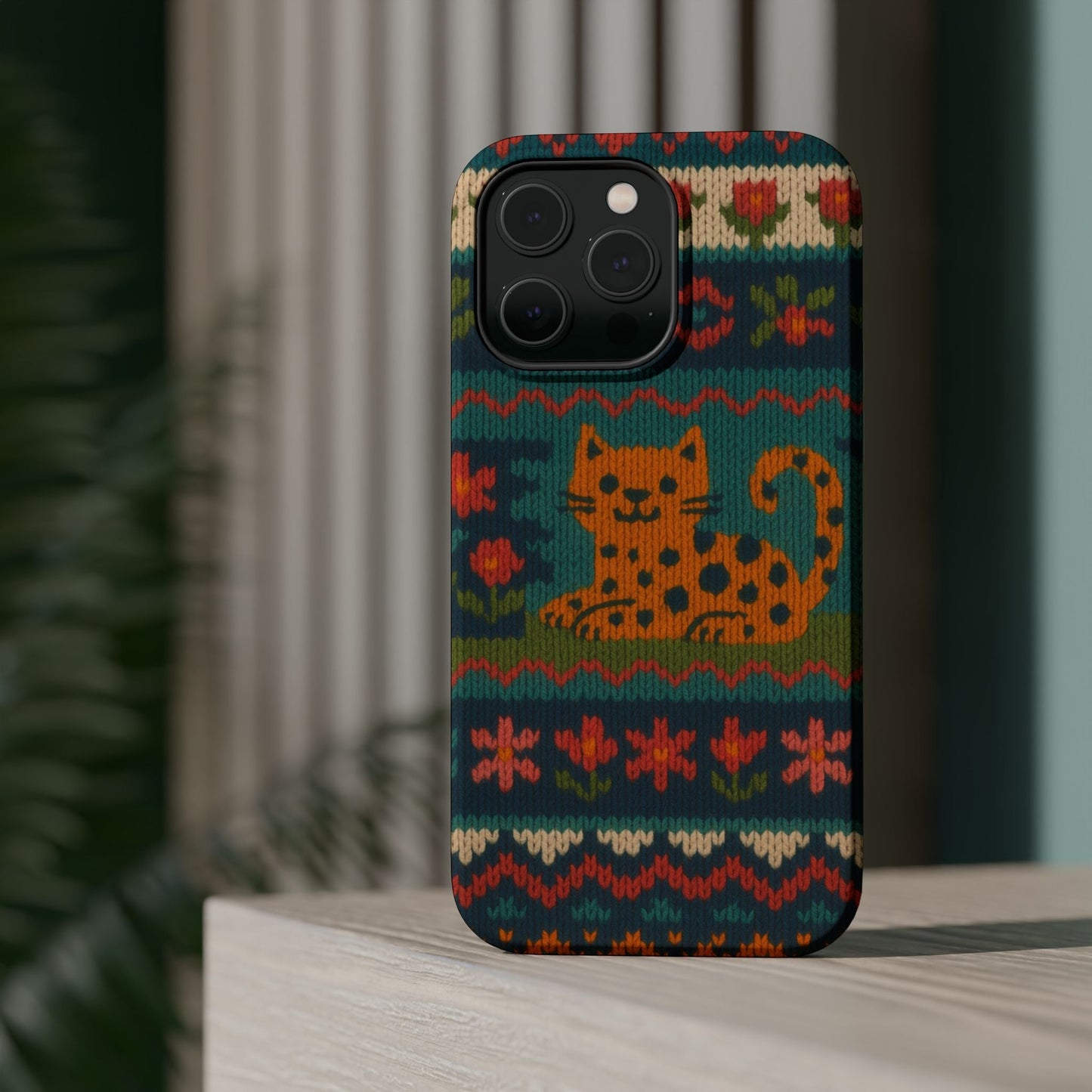 Cozy Knit Leopard Pattern Sweater Holiday Theme iPhone Case with MagSafe compatibility
