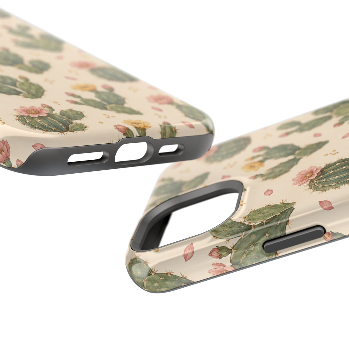 Cactus Bloom – Sage Green Floral Cactus MagSafe Phone Case, glossy diagonal dual-camera model, port openings and edge details