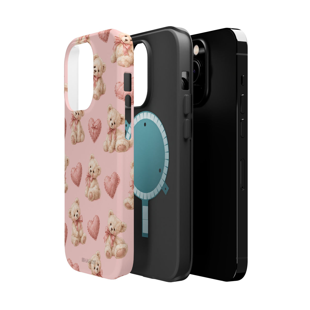 Pink Teddy Hearts Love iPhone Case, Impact-Resistant MagSafe Compatible