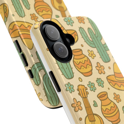 Mexico Hand-Drawn Cactus Pattern iPhone Case – Cute Desert Guitar & Sombrero Design | with MagSafe
