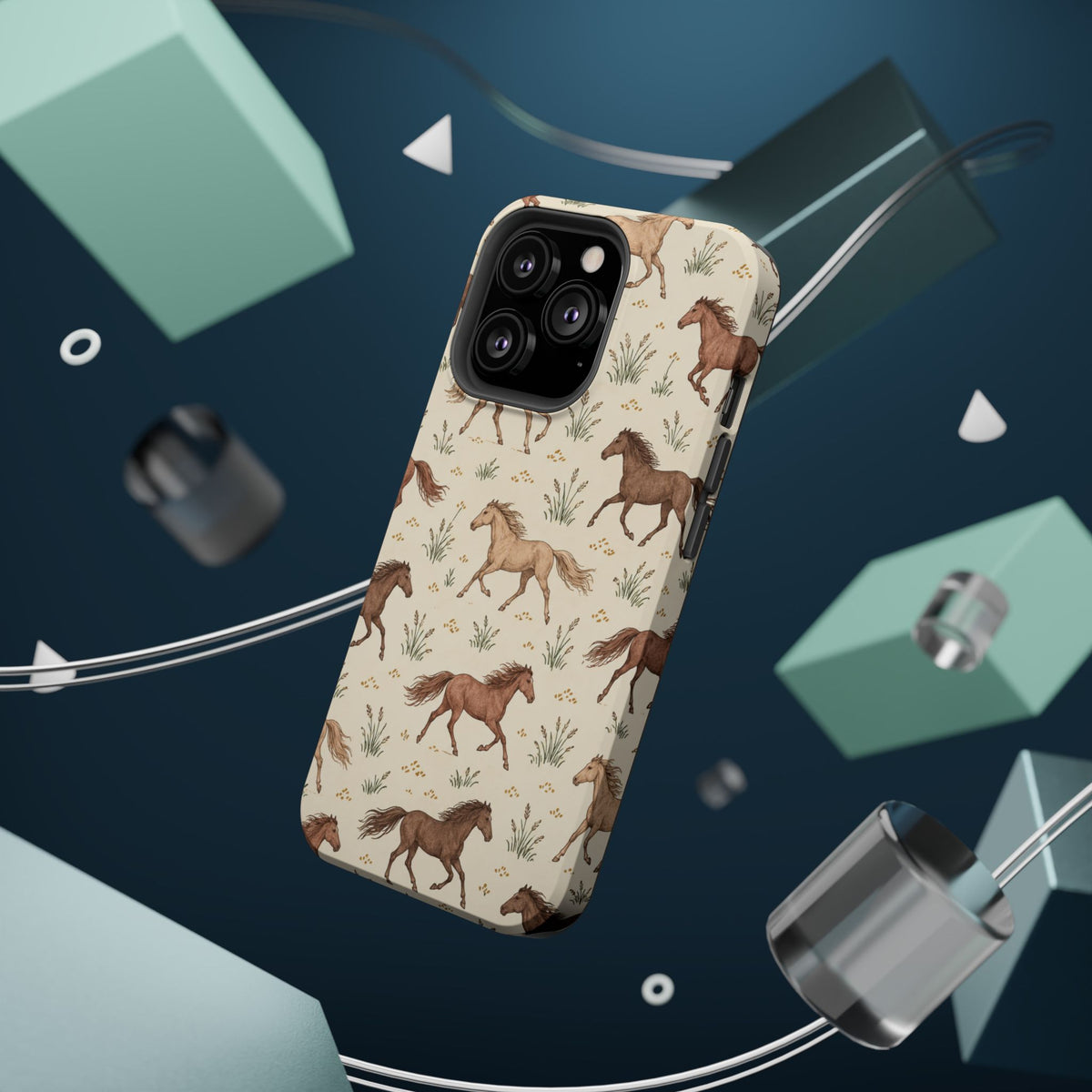 Wild Mustangs – Western Horse Pattern MagSafe Phone Case, glossy square triple-camera Pro model, rear view with magnetic accessories