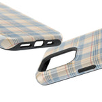 Ranch Check – Blue and Cream Plaid MagSafe Phone Case, glossy square triple-camera Pro model, port openings and edge details