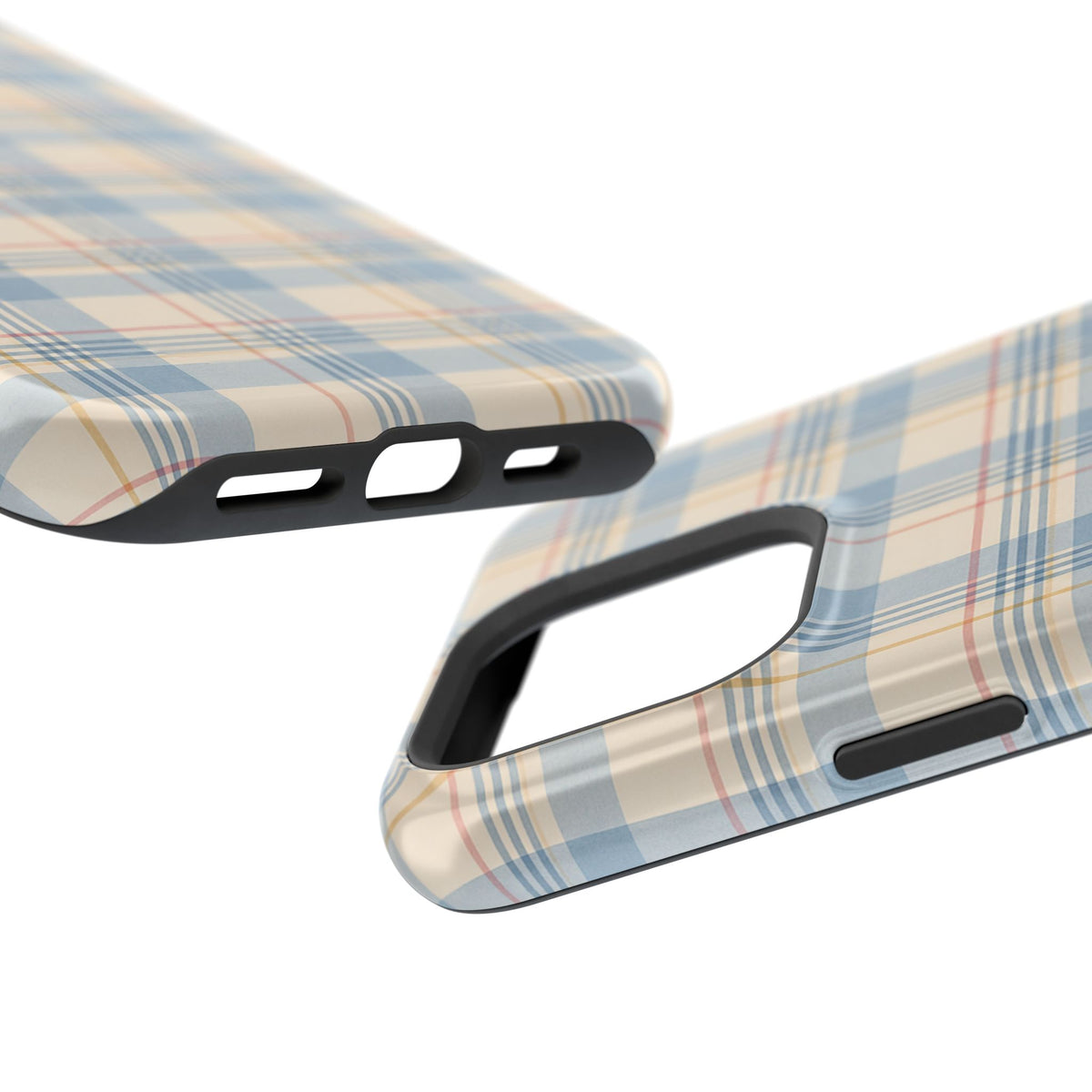 Ranch Check – Blue and Cream Plaid MagSafe Phone Case, glossy square triple-camera Pro model, port openings and edge details