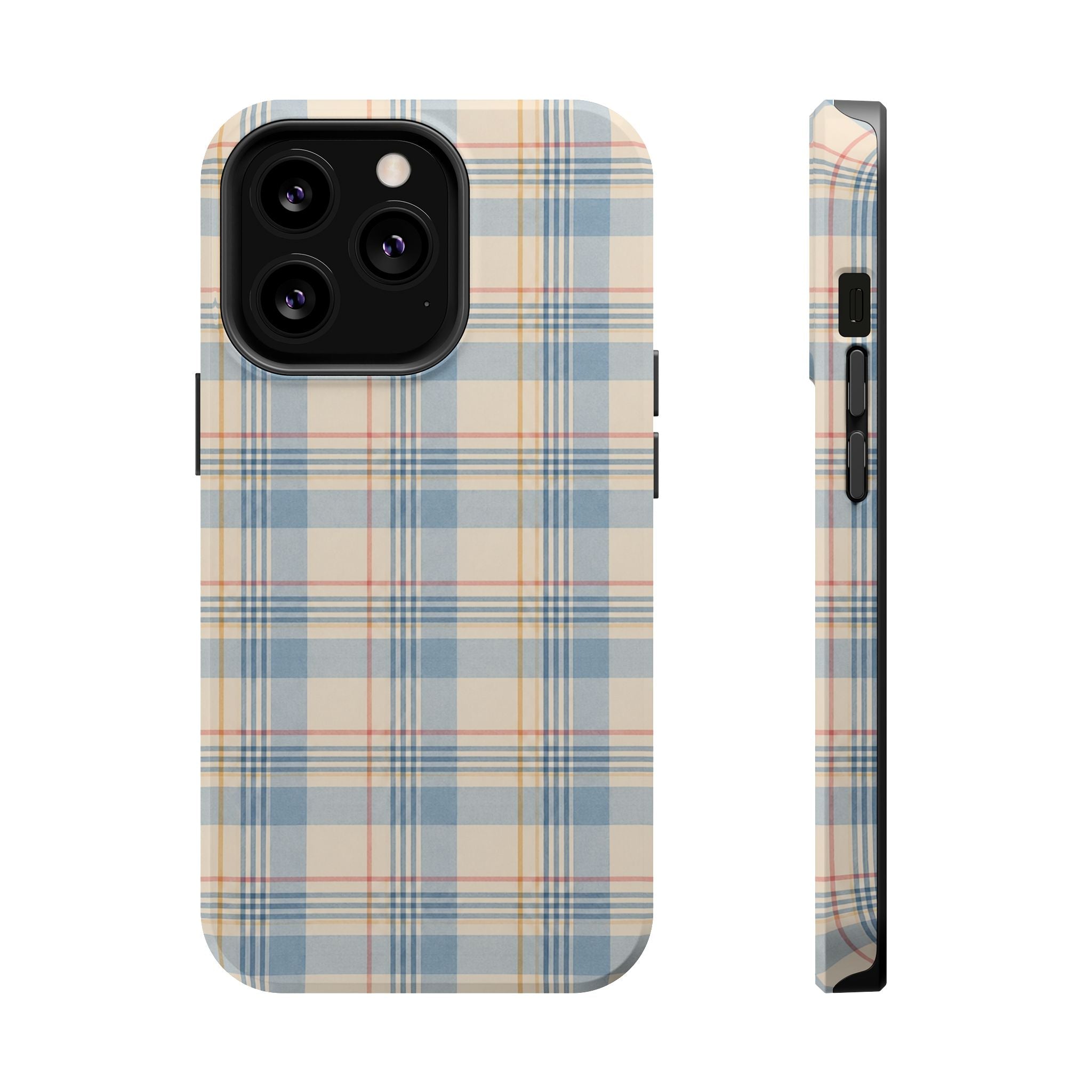 Ranch Check – Blue and Cream Plaid MagSafe Phone Case, glossy iPhone 13 Pro, rear and side profile