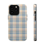 Ranch Check – Blue and Cream Plaid MagSafe Phone Case, glossy iPhone 13 Pro, rear and side profile