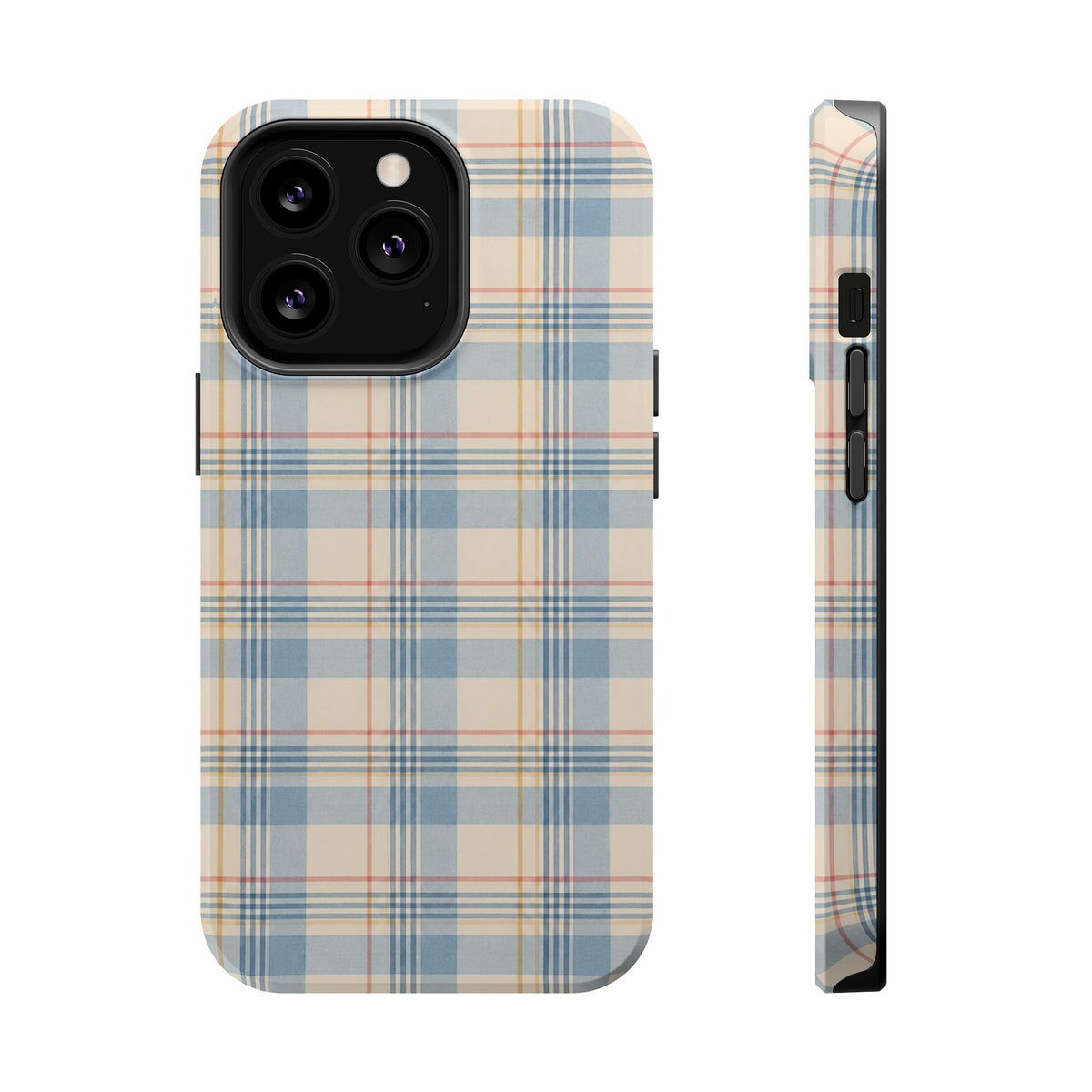Ranch Check – Blue and Cream Plaid MagSafe Phone Case, glossy iPhone 13 Pro, rear and side profile
