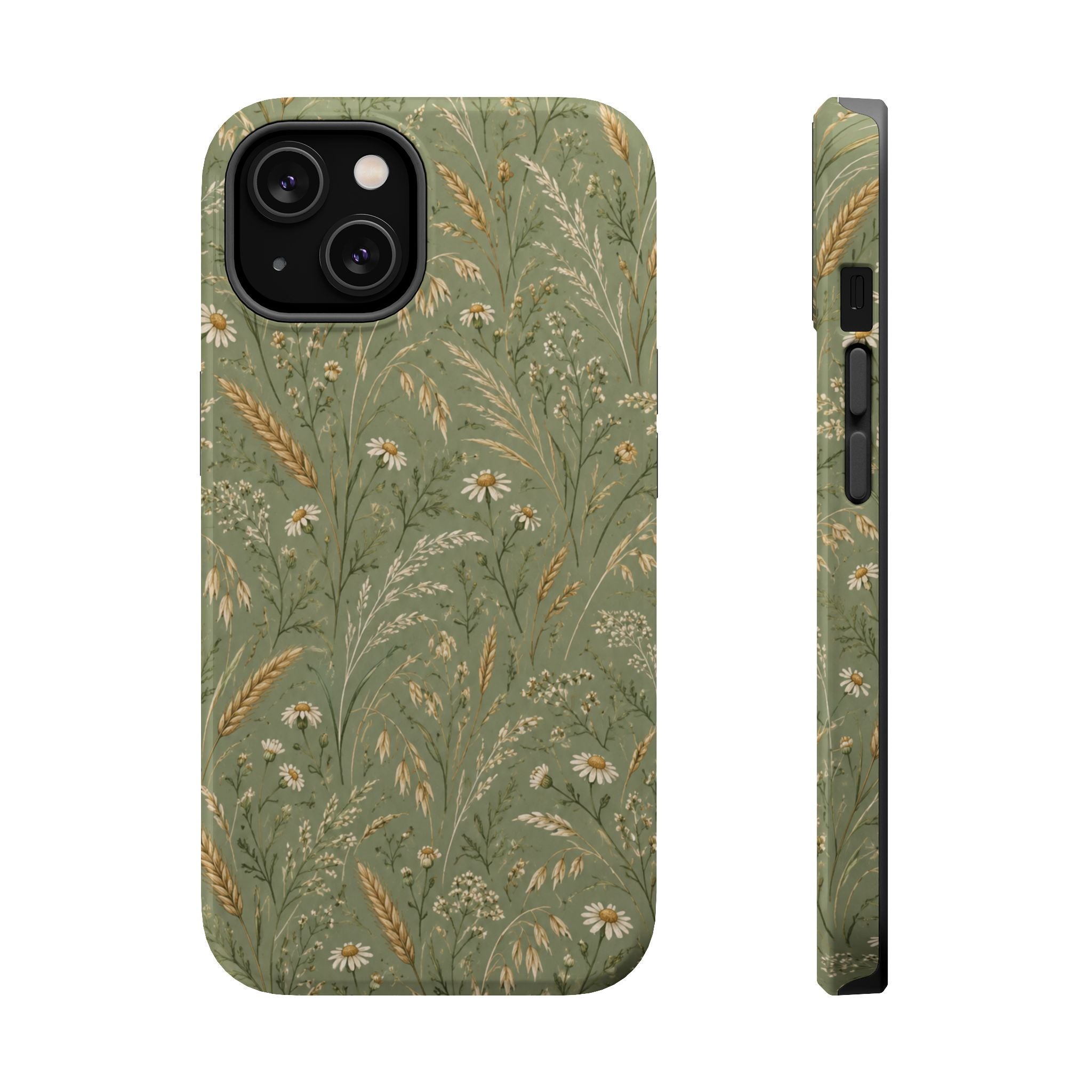 Golden Meadow – Sage Green Wildflower MagSafe Phone Case, glossy iPhone 14, rear and side profile