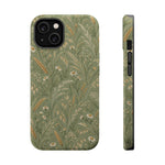 Golden Meadow – Sage Green Wildflower MagSafe Phone Case, glossy iPhone 14, rear and side profile