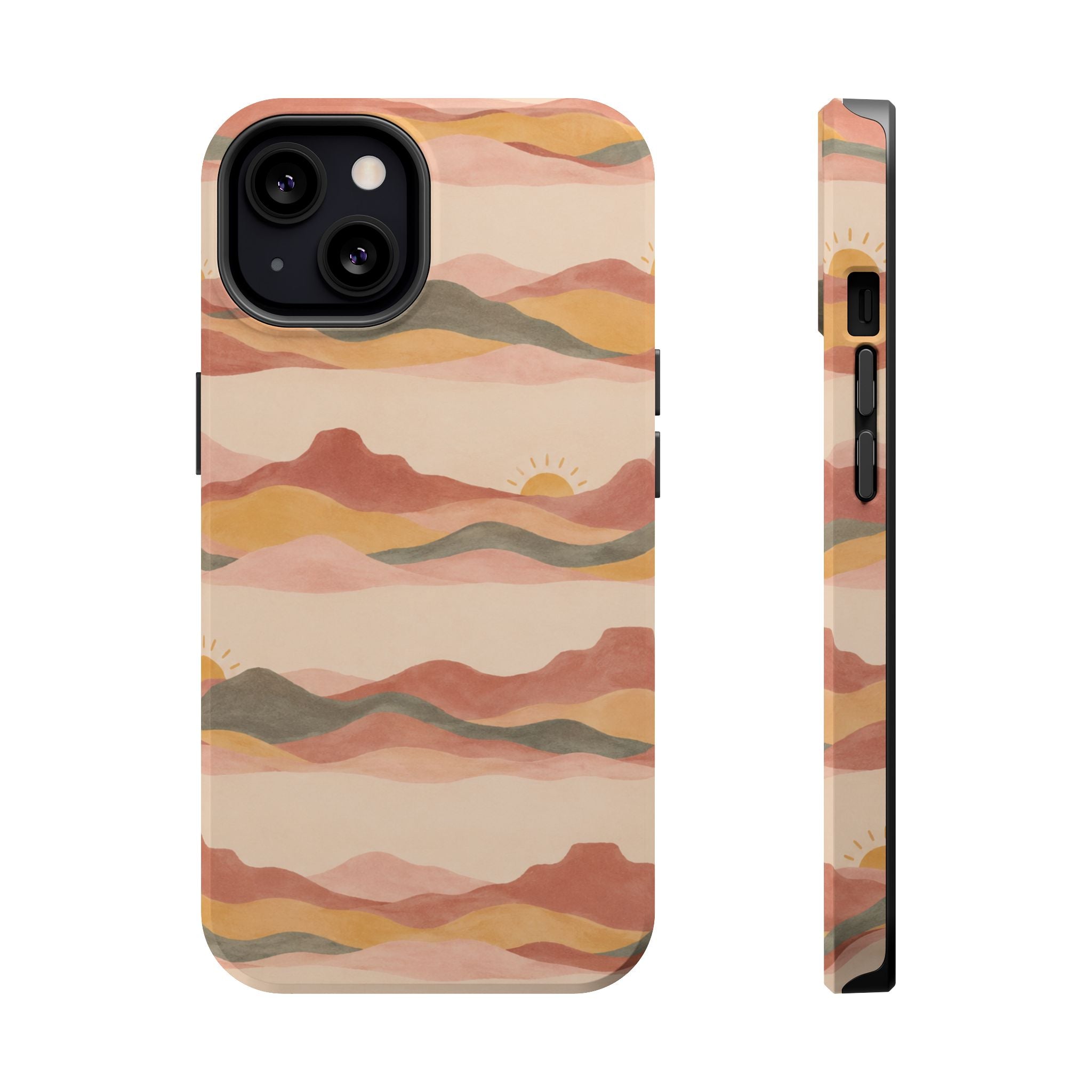 Sunset Trails – Desert Landscape MagSafe Phone Case, glossy iPhone 13, rear and side profile